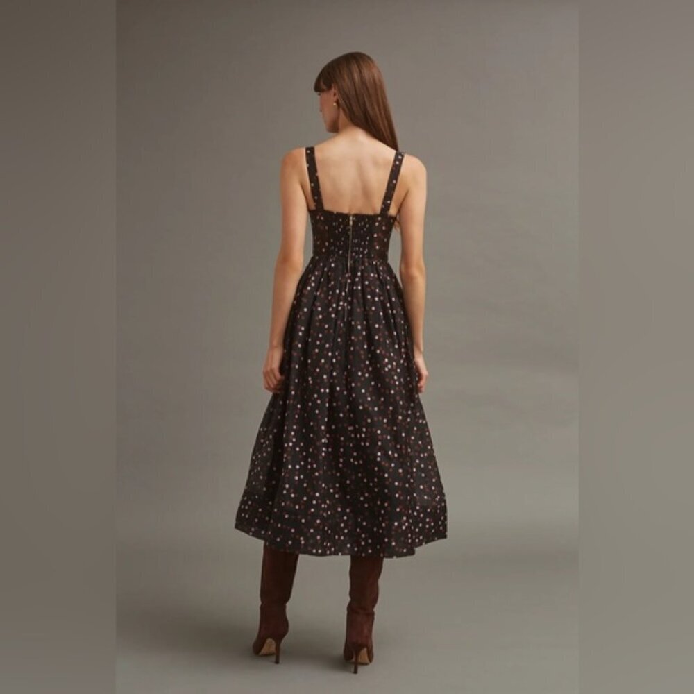 NEW Cara Cara Pheobe Midi Linen Silk Dress Stamped Dot Black US 6 UK 10 - Picture 6 of 16